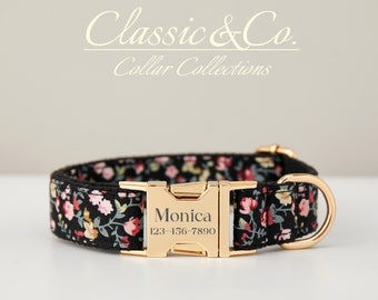 Bloemen gepersonaliseerde halsband strikje leiband set, aangepaste gegraveerd huisdier naam metalen gesp, lila puppy verjaardagscadeau, GRATIS verzending