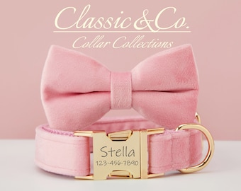 Dog Collar Bow Tie Lead,Pink Velvet Girl Dog Collar With Engraved Name Metal Buckle,Puppy Collar and Lead