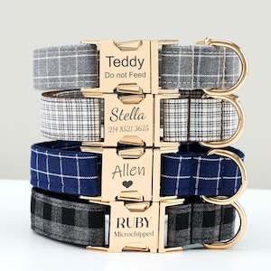 May include: Four personalized dog collars stacked, each with a gold buckle and a different plaid pattern. The collars are gray, black and white, navy blue, and black and gray. Each buckle is engraved with a name and additional text.
