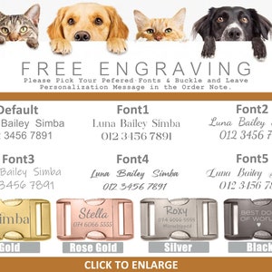 May include: Five different dog tag styles with various engraving options. The tags are gold, rose gold, silver, and black. The text on the tags reads "Simba", "Stella", "Roxy", and "Best Dog of World". The text "FREE ENGRAVING" is at the top of the image. The text "CLICK TO ENLARGE" is at the bottom of the image.
