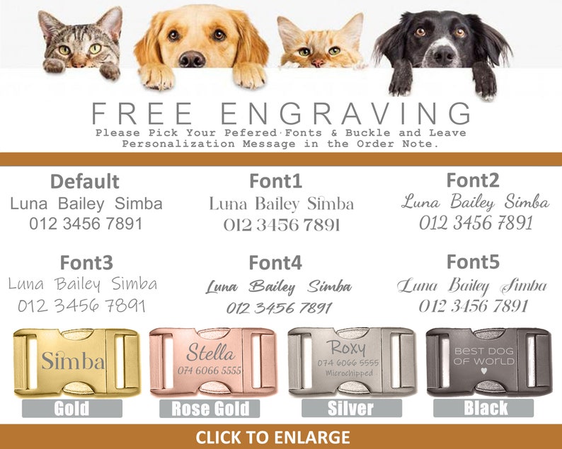 May include: Five different dog tag styles with various engraving options. The tags are gold, rose gold, silver, and black. The text on the tags reads "Simba", "Stella", "Roxy", and "Best Dog of World". The text "FREE ENGRAVING" is at the top of the image. The text "CLICK TO ENLARGE" is at the bottom of the image.