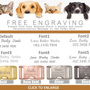 May include: A graphic showing five different styles of dog tag buckles with different engraving options. The buckles are in gold, rose gold, silver, and black. The text on the buckles reads "Simba", "Stella", "Roxy", and "Best Dog of World". The text "FREE ENGRAVING" is at the top of the graphic. The text "CLICK TO ENLARGE" is at the bottom of the graphic.