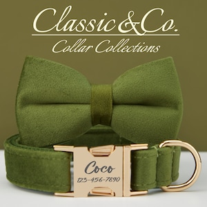 Dog Collar Bow Tie Lead,MilitaryGreen Velvet Boy Dog Collar With Engraved Name Metal Buckle,Puppy Collar and Lead
