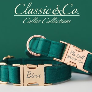 Conjunto de coleira e guia personalizada de veludo esmeralda com flor e gravata borboleta para animais de estimação machos e fêmeas, etiqueta com nome gravada em ouro, presente de casamento para filhotes