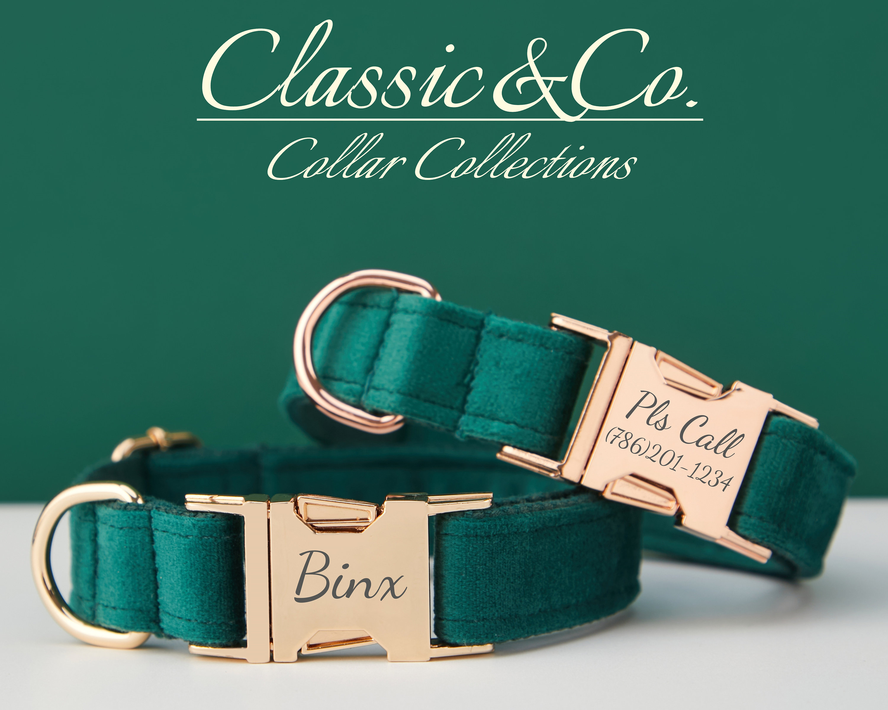 Emerald Velvet Personalize Dog Collar Leash Set with Flower & Bow Tie for Male Female Pet,Gold Engraved Name Tag,Wedding Puppy Gift