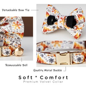 Puede incluir: Un collar de terciopelo blanco para gato con una hebilla de metal dorado y una campanita extra&iacute;ble. El collar presenta un patr&oacute;n colorido de copos de nieve, monta&ntilde;as y &aacute;rboles. Tambi&eacute;n se incluye una pajarita a juego.
