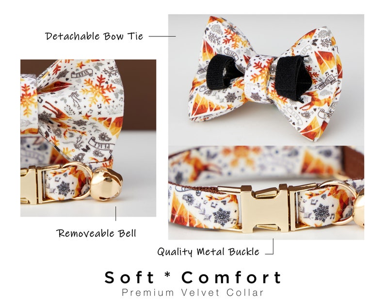 Puede incluir: Un collar de terciopelo blanco para gato con una hebilla de metal dorado y una campanita extra&iacute;ble. El collar presenta un patr&oacute;n colorido de copos de nieve, monta&ntilde;as y &aacute;rboles. Tambi&eacute;n se incluye una pajarita a juego.