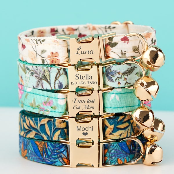 Cute Colorful Floral Cat Collar, for Male Female Pets, Soft Comfortable Kitten Collar with Gold Bell and Buckle, Pet Gift Ideas on Sale