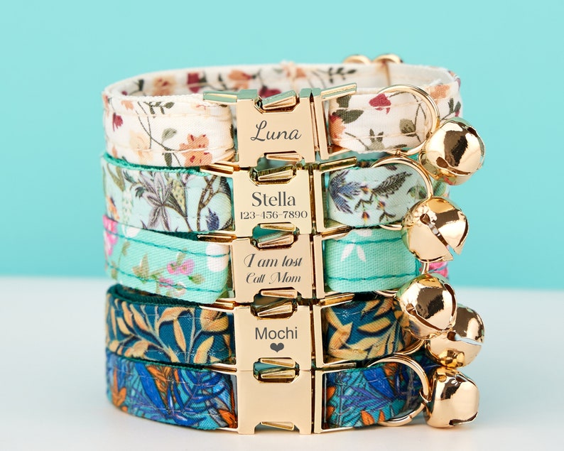 Cute Colorful Floral Cat Collar, for Male Female Pets, Soft Comfortable Kitten Collar with Gold Bell and Buckle, Pet Gift Ideas on Sale image 1