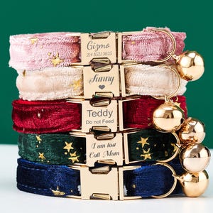 Op de afbeelding: Een stapel van vijf fluwelen halsbanden voor huisdieren in roze, crème, rood, groen en blauw. Elke halsband heeft een goudkleurige gesp en een bijpassende bel. De halsbanden zijn gepersonaliseerd met namen en informatie.
