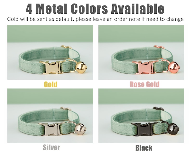 K&ouml;nnte beinhalten: Vier Katzenhalsb&auml;nder mit verschiedenen farbigen Metallschnallen: Gold, Ros&eacute;gold, Silber und Schwarz. Jedes Halsband ist hellgr&uuml;n und hat eine Glocke.