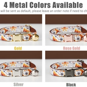 Puede incluir: Cuatro collares para gatos con hebillas de metal de diferentes colores: dorado, dorado rosa, plateado y negro. Cada collar tiene un patr&oacute;n floral blanco y naranja y una peque&ntilde;a campana.