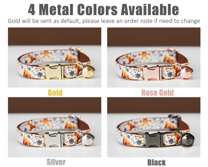 Puede incluir: Cuatro collares para gatos con hebillas de metal de diferentes colores: dorado, dorado rosa, plateado y negro. Cada collar tiene un patr&oacute;n floral blanco y naranja y una peque&ntilde;a campana.