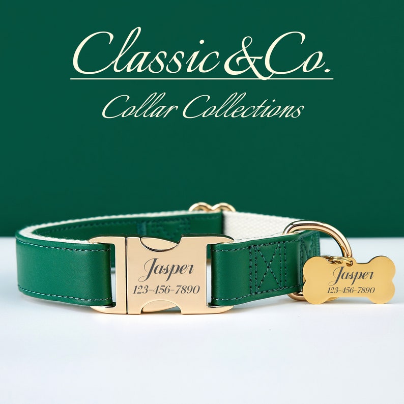 Green Waterproof PU Leather Dog Collar & Lead,Solid Dog Collar Leash Set,Engraved Metal Buckle Plate Free Pet Name Tag,Wedding Puppy Gift image 1