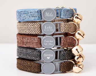 Breakaway Tweed Stoff Katzenkragen Fliege Set Blau + Braun + Grau, Personalisieren Sie gravierte Schnalle Namensschild, Sicherheit Kätzchen Kragen Geschenk für männlich weiblich