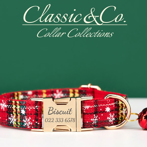 Merry Christmas Personalise Dog Collar Leash Set with Bow,Red+Green+Snow Plaid, Engraved Pet Name Plate Metal Buckle,Santa Puppy Gift