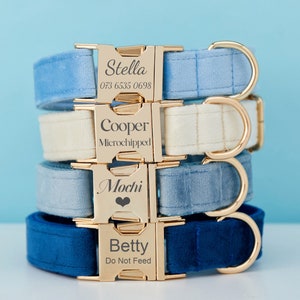 Multiple Colour Velvet Personalise Dog Collar Leash Set with Bow,Blue+Navy+White,Engraved Pet Name Plate Metal Buckle,Wedding Puppy Gift