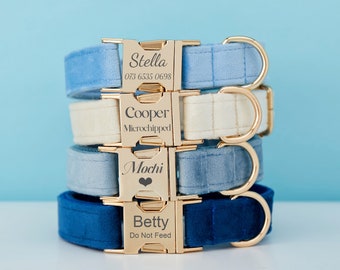 Multiple Colour Velvet Personalise Dog Collar Leash Set with Bow,Blue+Navy+White,Engraved Pet Name Plate Metal Buckle,Wedding Puppy Gift