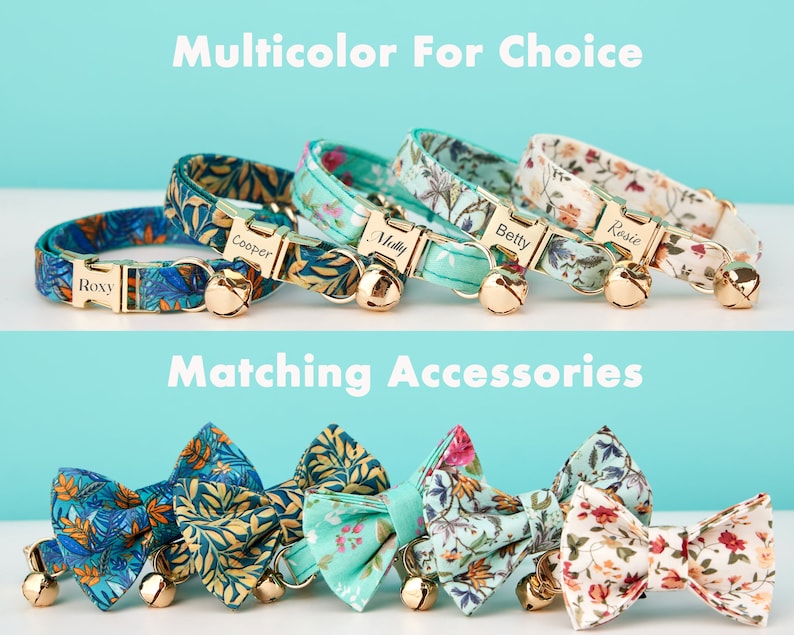 Cute Colorful Floral Cat Collar, for Male Female Pets, Soft Comfortable Kitten Collar with Gold Bell and Buckle, Pet Gift Ideas on Sale image 2