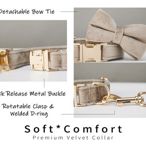 K&ouml;nnte beinhalten: Ein beiges Samt-Halsband-Set f&uuml;r Hunde mit abnehmbarer Schleife, Schnellverschluss-Metallschnalle und drehbarem Verschluss mit geschwei&szlig;tem D-Ring. Der Text auf dem Bild lautet "Soft*Comfort Premium Velvet Collar."