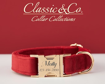 Personalized Dog Collar With Engraved Pet Name Metal Buckle,Burgundy Velvet Dog Collar and Leash Set with Bell And Bow,FREE Shipping