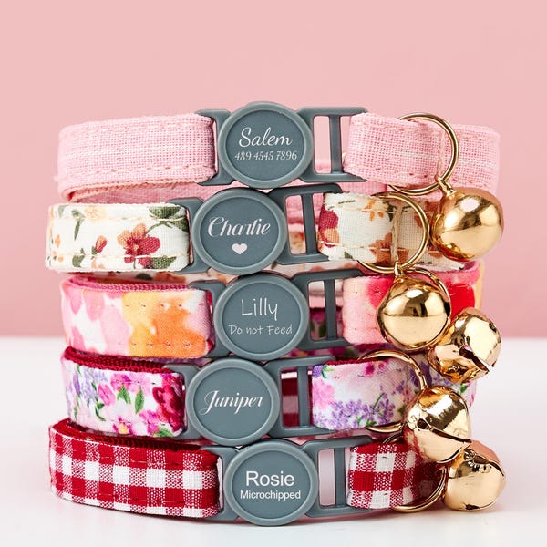 Breakaway Personalized Floral Cat Collar Bowtie Leash Set,Colorful Custom Engraved Kitten Name Safety Buckle,Free Gold Bell,Female Pet Gift