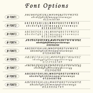 May include: A cream-colored graphic displaying nine font options, each with uppercase and lowercase alphabets and numbers. The title "Font Options" is at the top. Each font is labeled with a number and the word "FONT".