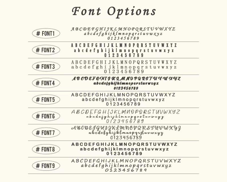 May include: A cream-colored graphic displaying nine font options, each with uppercase and lowercase alphabets and numbers. The title "Font Options" is at the top. Each font is labeled with a number and the word "FONT".