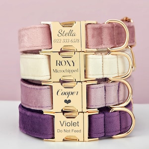 Multi Color Velvet Personalisieren Hundehalsband Leine Set mit Schleife, Lila Violett Flieder, gravierter Haustiername Metallschnalle, Hochzeits-Welpen-Geschenk Bild 1