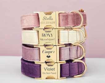 Velours de couleurs multiples Personnalisez l’ensemble de laisse de collier de chien avec l’arc, violet + violet + lilas, boucle en métal de nom d’animal de compagnie gravé, cadeau de chiot de mariage