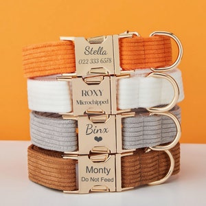 Multiple Colour Corduroy Personalise Dog Collar Leash Set with Bow,Grey+Coffee+Orange,Engraved Pet Name Metal Buckle,Wedding Puppy Gift