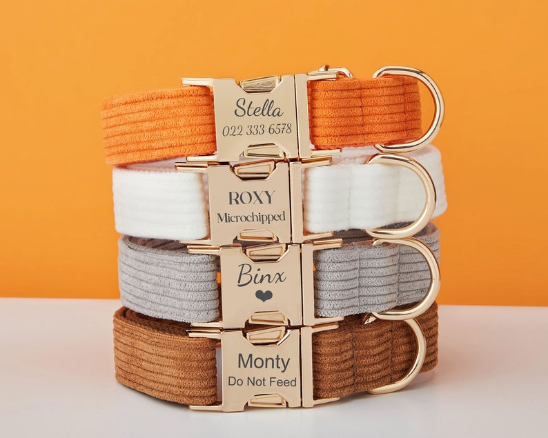 Multiple Colour Corduroy Personalise Dog Collar Leash Set with Bow,GreyCoffeeOrange,Engraved Pet Name Metal Buckle,Wedding Puppy Gift image 1