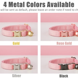 May include: Four pink cat collars with different colored metal buckles and bells. The colors are gold, rose gold, silver, and black.  "Gold will be sent as default, please leave an order note if need to change."