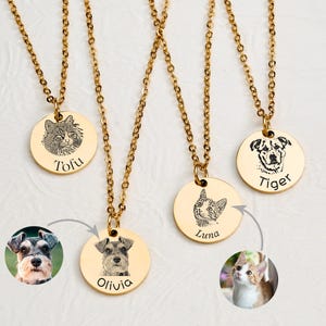 Könnte beinhalten: Vier goldene Halsketten mit runden Anhängern, die personalisierte Haustierportraits und Namen zeigen. Die Namen auf den Anhängern sind Tofu, Tiger, Luna und Olivia.