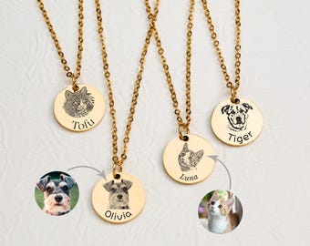 May include: Four gold necklaces with round pendants featuring personalized pet portraits and names. The names on the pendants are Tofu, Tiger, Luna, and Olivia.