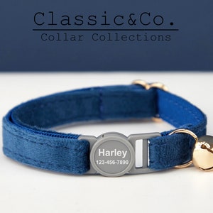 Breakaway RoyalBlue Velvet Personalized Cat Collar BowTie Leash Set,Custom Engraved Kitten Name Safety Buckle,Free Gold Bell,Female Pet Gift