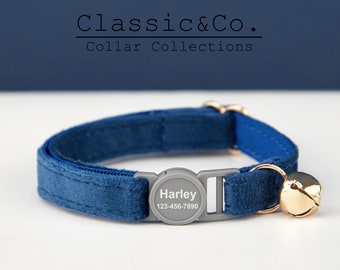 Breakaway RoyalBlue Velvet gepersonaliseerde kattenhalsband BowTie Leash Set, aangepaste gegraveerde kittennaam veiligheidsgesp, gratis gouden bel, vrouwelijk huisdier cadeau