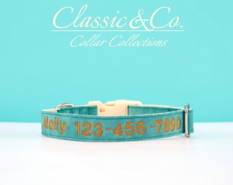 Embroidered Teal Suede Leather Dog Collar, Personalized with Name & Contact Info, Adjustable Multi-Color Collar with Leash for Pet Lovers