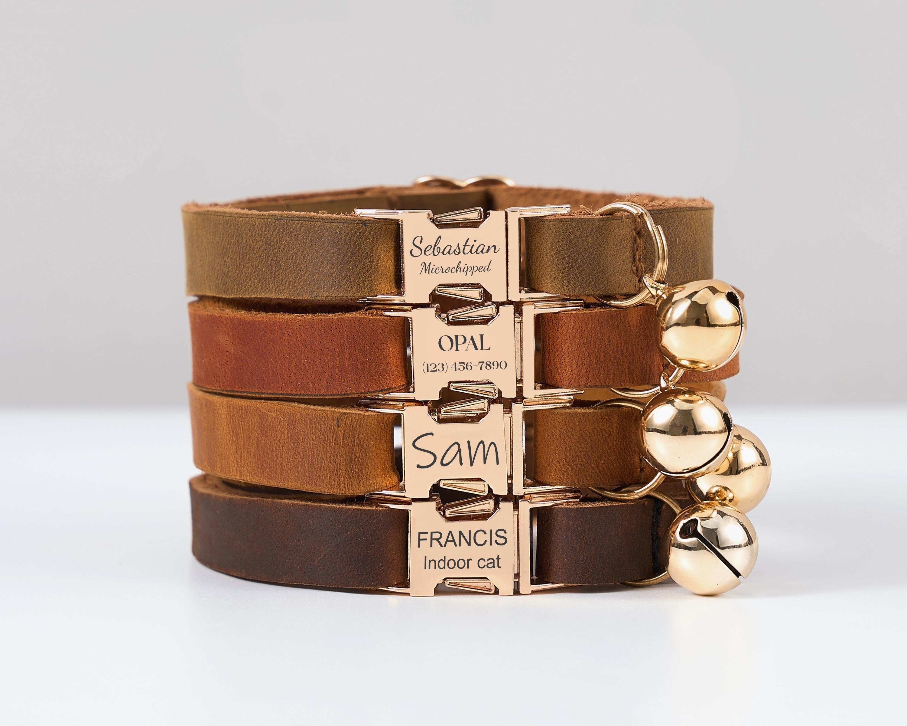 Geniuine Cowhide Leather Silent Cat Collar, Personalized Solid Kitten Collar with Engraved Metal Buckle+Free ID Tag, Gift for Pet Lovers