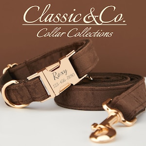 Chocolate Velvet Personalized Dog Collar Bow Tie Leash Set,Custom Engraved Pet Name Metal Buckle,Luxury Birthday Puppy Gift,FREE Shipping
