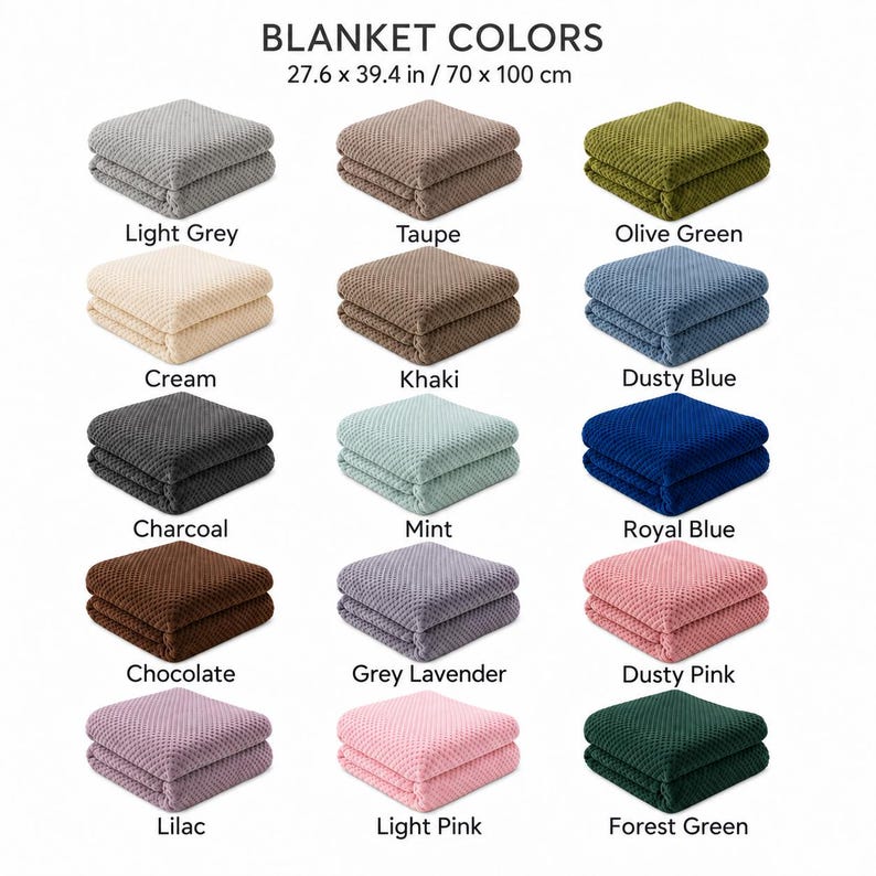 May include: A collection of fifteen folded waffle-textured blankets in various colors including light grey, taupe, olive green, cream, khaki, dusty blue, charcoal, mint, royal blue, chocolate, grey lavender, dusty pink, lilac, light pink, and forest green. Each blanket measures 27.6 x 39.4 inches.
