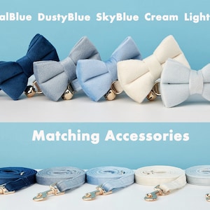 Luxus Samt Himmel DustyBlue Personalisierte Katzenhalsband Fliege Leine Set, benutzerdefinierte Kätzchen Welpen Namensschild, kostenlose Gold Glocke, kleiner Hund graviert Haustier Geschenk Bild 3