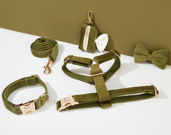 MilitaryGreen Velvet Dog Harness and Leash Set,Personalize Step In Puppy Harness+Collar+Bowtie+Poo Bag Holder,No Pull Wedding Harness Bundle