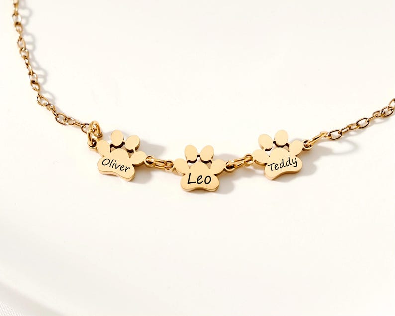May include: A gold-colored necklace featuring three paw-shaped charms. Each charm has a name engraved: "Oliver", "Leo", and "Teddy". The necklace has a delicate chain and is likely made of stainless steel or a similar metal.