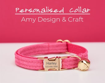 Ensemble de laisse de collier de chat en velours côtelé rose vif, collier de chat parfait en laisse avec nom de chiot de chaton gravé personnalisé boucle en métal