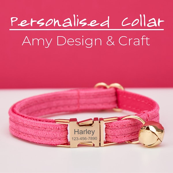 HotPink Cord Samt Katzenhalsband Fliege Leine Set,Perfekte Katzenhalsbänder Leine mit Gravur Kätzchen Welpe Name Metall Schnalle