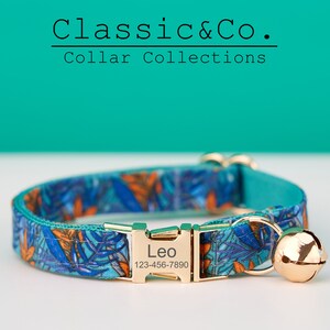 Colorful Leaves Turquoise Cat Collar Bowtie Set,Neckwear for Male Female,Personalized Kitten Collar with Gold Bell and Buckle, On Sale