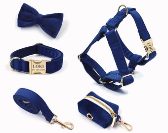 NavyBlue Velvet Dog Harness and Leash Set, Personalize Step In Puppy Harness+Collar+Bowtie+Poo Bag Holder, No Pull Wedding Harness Bundle