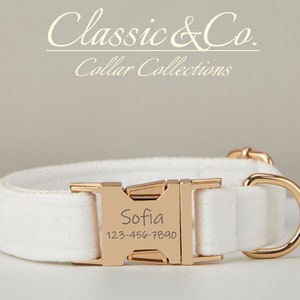 Personalized Dog Collar With Engraved Pet Name Metal Buckle,White Velvet Dog Collar and Leash Set with Bell And Bow,FREE Shipping