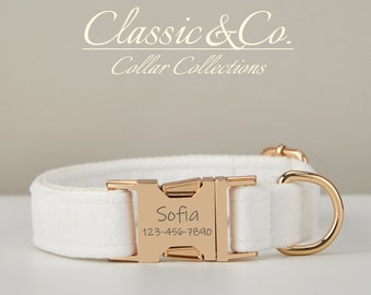 Personalized Dog Collar With Engraved Pet Name Metal Buckle,White Velvet Dog Collar and Leash Set with Bell And Bow,FREE Shipping